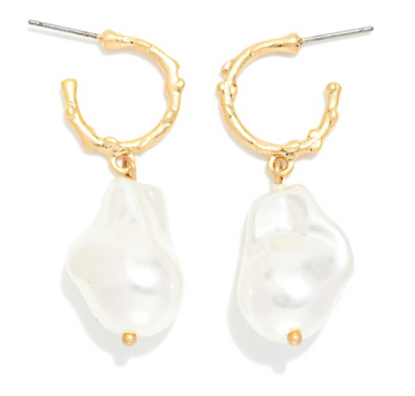 Pearl Charm Hoop Earrings - Gold