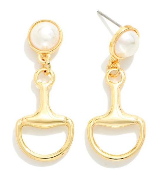 Pearl Horsebit Drop Earrings - Gold