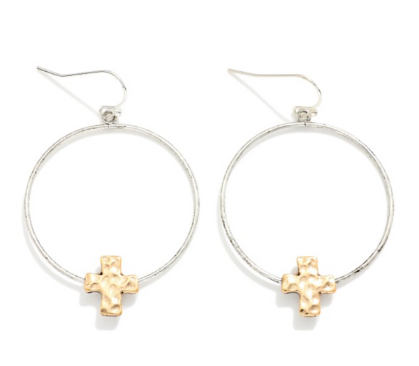 Graceful Cross Hoop Earrings - Silver