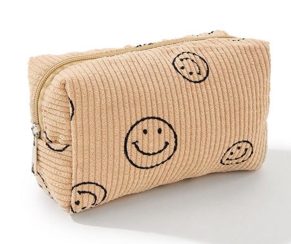 Happy Face Corduroy Makeup Pouch - Tan