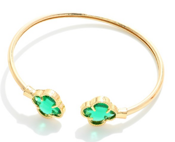 Metal Cuff Clover Bracelet - Green