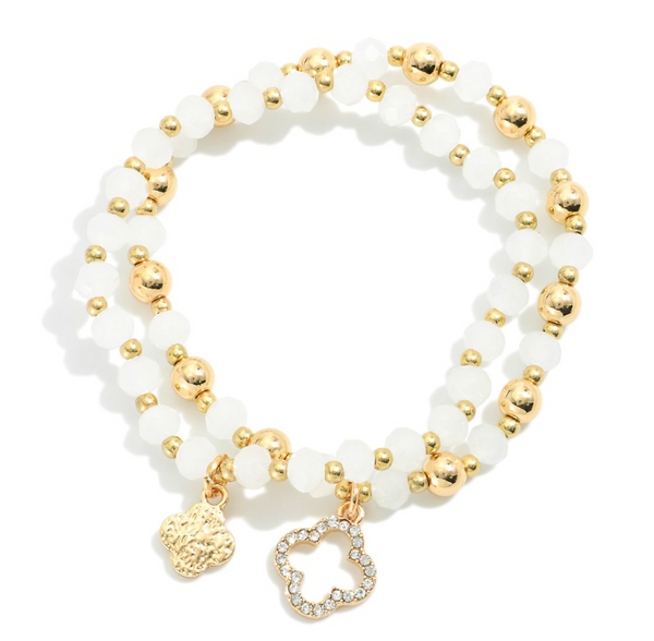 Clover Beaded Stretch Bracelet Set - White