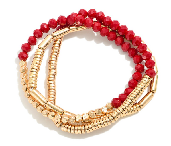 Beaded Stretch Bracelet Set - Red