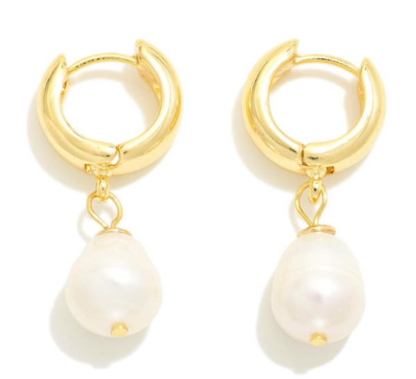 Pearl Charm Huggie Hoop Earrings - Gold