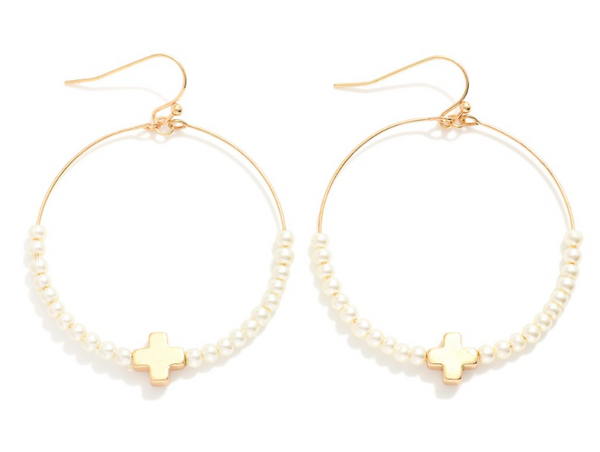 Beaded Cross Dangle Earrings - Gold
