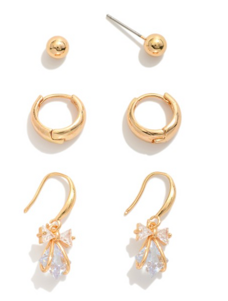 Set of Three Rhinestone Earrings - Gold