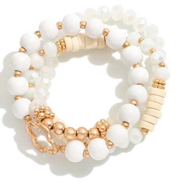 Set of Three Clover Beaded Stretch Bracelets - White