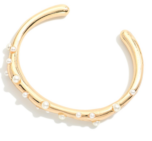 Gold Cuff Bracelet with Pearl Studs