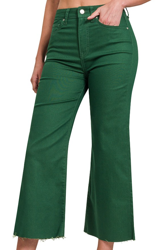 High Rise Flare Cropped Pants - Green