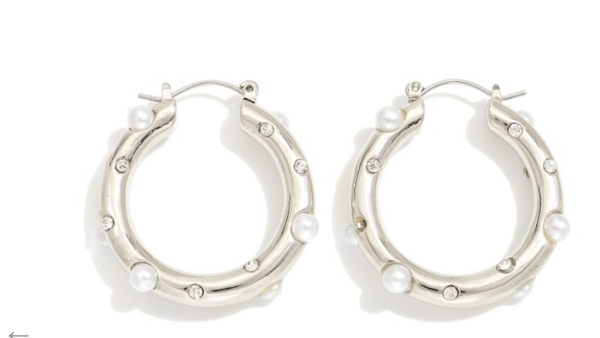 Hoop Earrings With Pearl & Rhinestone Accents - Silver