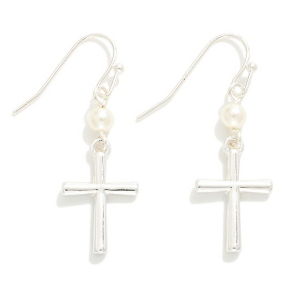 Metal Cross and Pearl Drop Earrings  - Silver