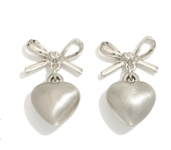 Metal Bow Heart Drop Earrings - Silver