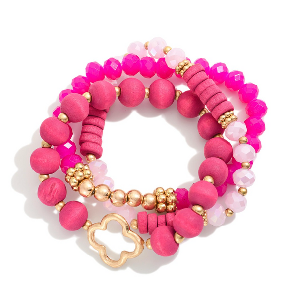 Set of Three Clover Beaded Stretch Bracelets - Hot pink