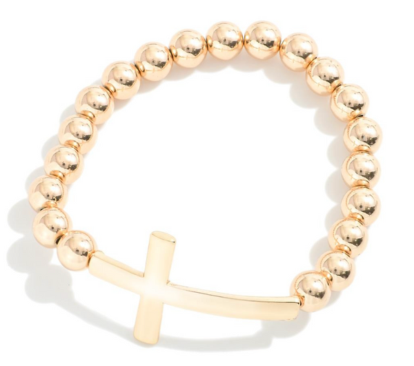 Polished Metallic Beaded Cross Bracelet - Gold