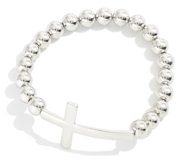 Polished Metallic Beaded Cross Bracelet - Silver
