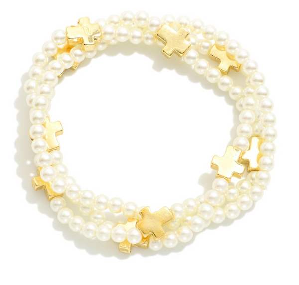Cross/Pearl Beaded Stretch Bracelet Set - Gold
