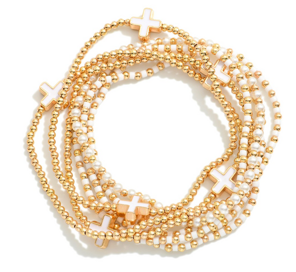 Set of Seven Beaded Stretch Bracelets - White