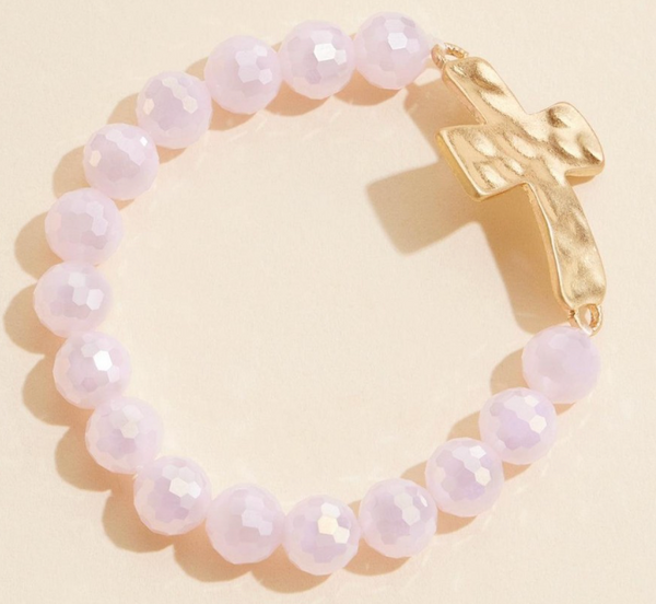 Hammered Metal Cross Beaded Stretch Bracelet - Pink
