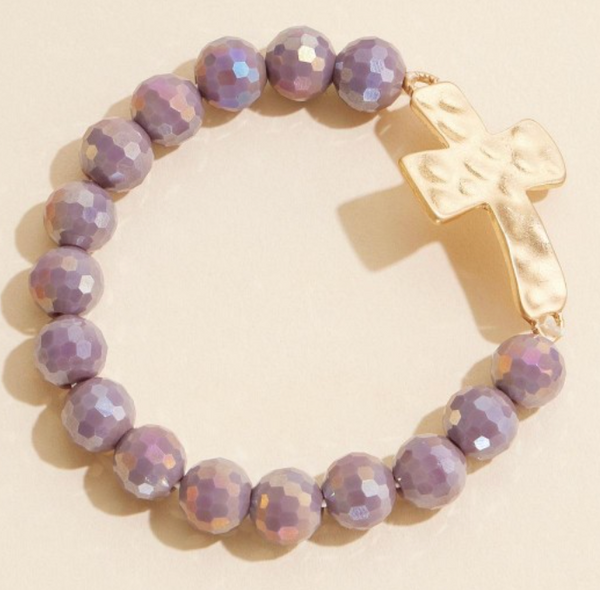 Hammered Metal Cross Beaded Stretch Bracelet - Purple