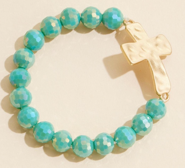 Hammered Metal Cross Beaded Stretch Bracelet - Teal