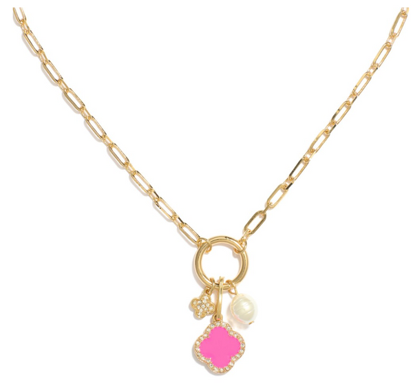 Clover & Pearl Charm Necklace - Pink