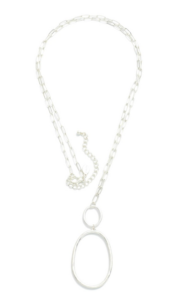 Linked Oval Pendant Long Necklace - Silver