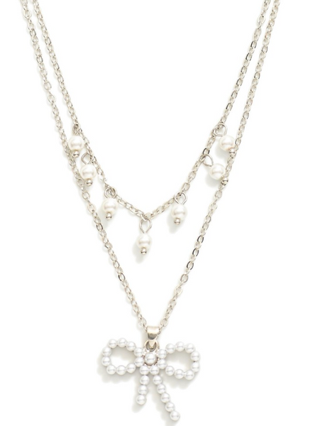 Pearl Bow Pendant Layered Necklace - Silver
