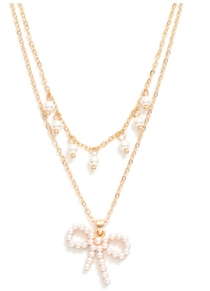 Pearl Bow Pendant Layered Necklace - Gold