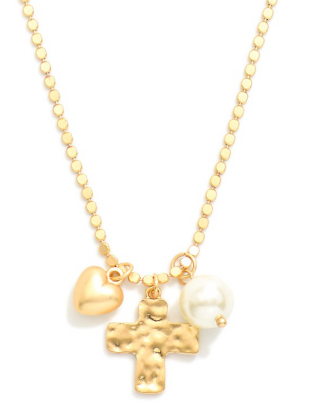 Cross, Heart, & Pearl Pendant Necklace - Gold