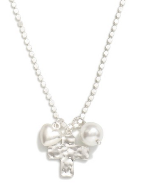 Cross, Heart, & Pearl Pendant Necklace - Silver