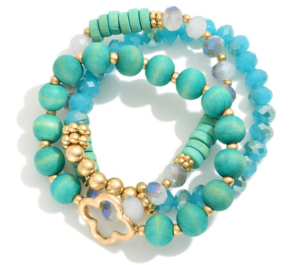 Set of Three Clover Beaded Stretch Bracelets - Blue