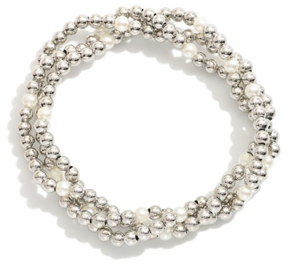 Set of Three Pearl Beaded Stretch Bracelets - Silver
