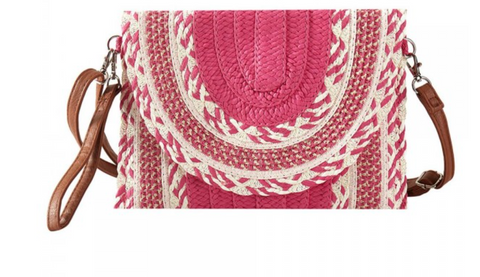 Woven Straw Clutch Purse - Hot Pink