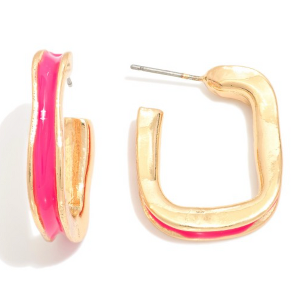 Enamel Rounded Square Hoop Earrings - Pink