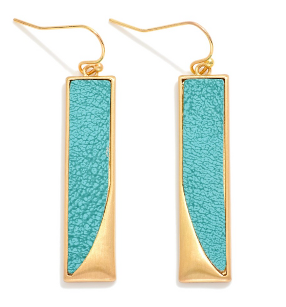 Vegan Leather & Metal Rectangle Earrings - Blue