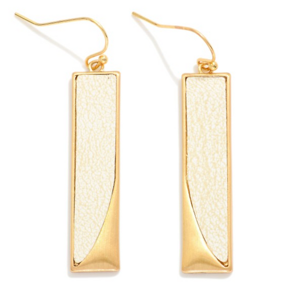 Vegan Leather & Metal Rectangle Earrings - White