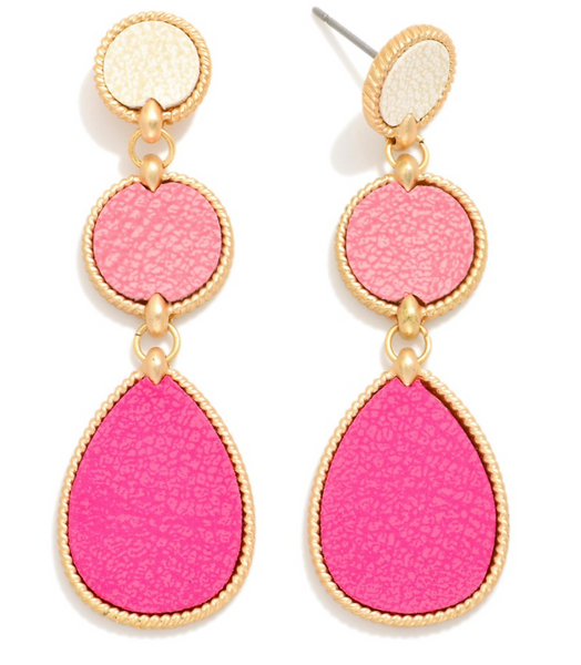 Linked Leather Teardrop Earrings - Pink
