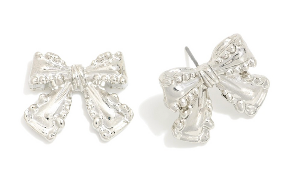 Chunky Metal Tone Bow Post Drop Earrings