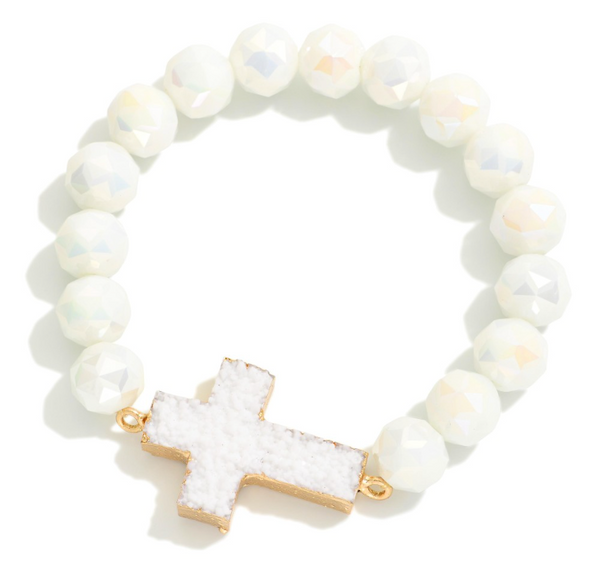 Crystal Cross Beaded Stretch Bracelet - White