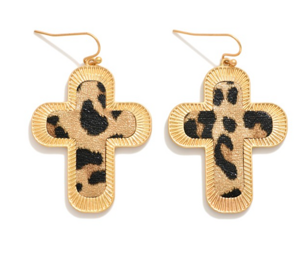 Golden Grace Cross Earrings - Leopard
