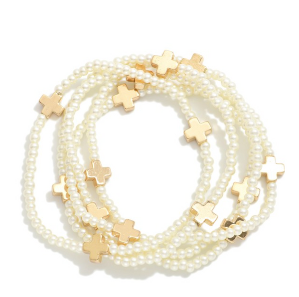 Cross Beaded Stretch Bracelet Set - Gold