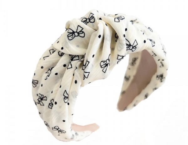 Bow & Polka Dot Knotted Headband - White