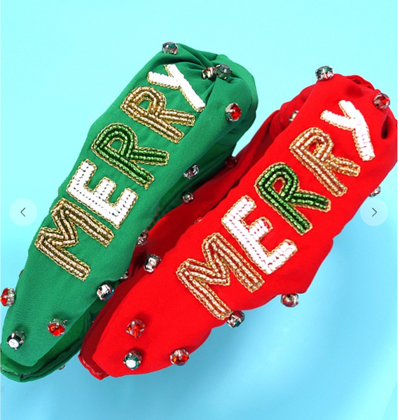 Merry Christmas Beaded Headband - Red