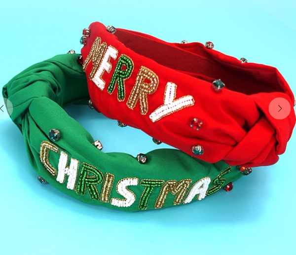 Merry Christmas Beaded Headband - Green