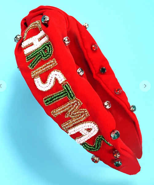 Merry Christmas Beaded Headband - Red