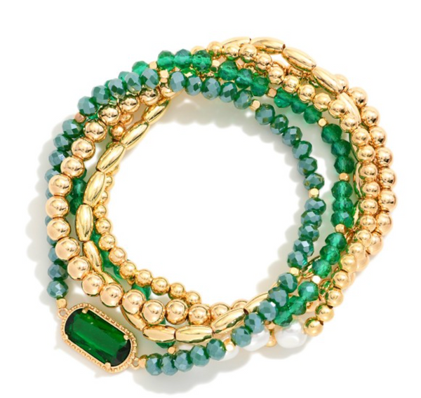 Glass Crystal Beaded Stretch Bracelet Set - Green