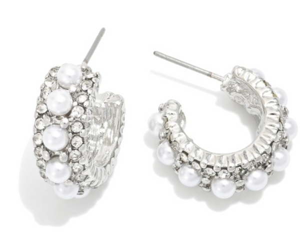 Pearl & Rhinestone Studded Hoops - Silver
