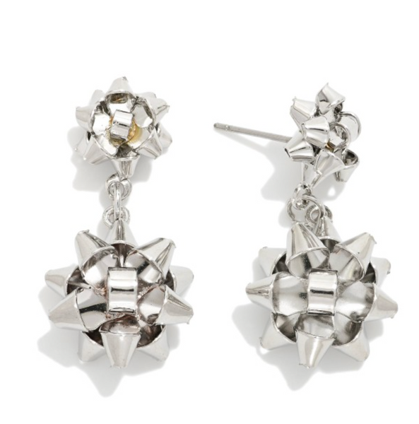 Metal Gift Bow Drop Earrings - Silver