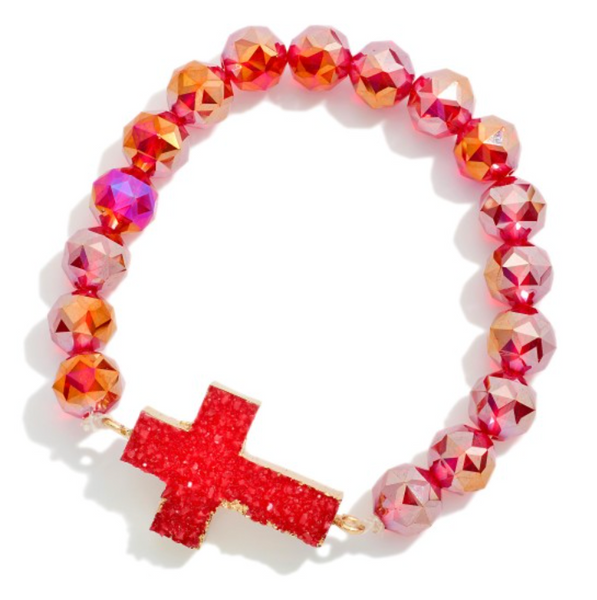Crystal Cross Beaded Stretch Bracelet - Red