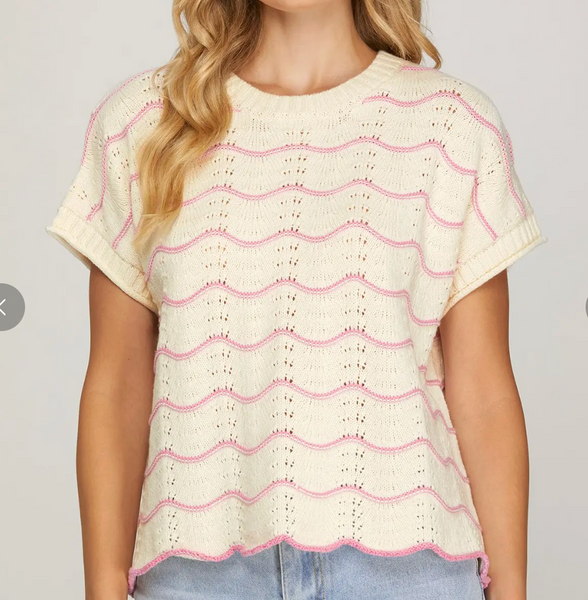 Wave Stitch Knit Top - Pink